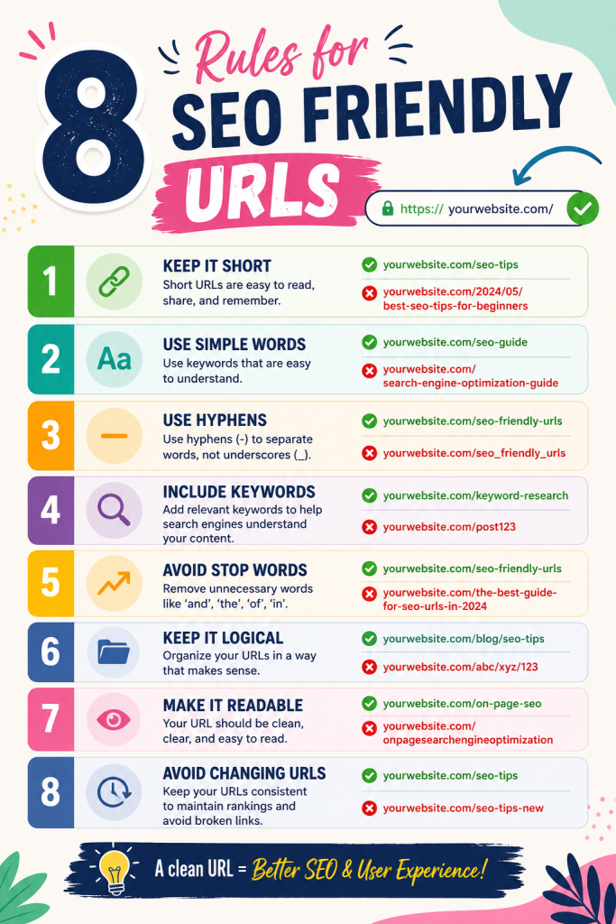 Tall pins featuring "8 Rules for SEO Friendly URLs" in colorful checklist format
