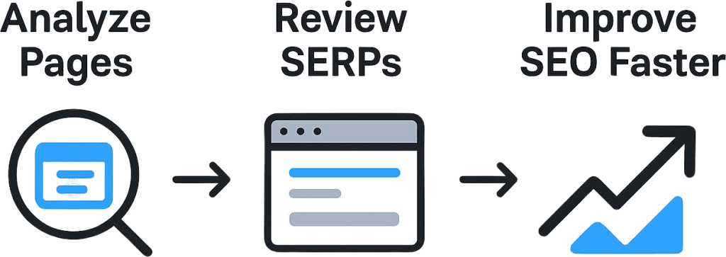 Simple graphic for Twitter_X showing three-step workflow_ _Analyze Pages → Review SERPs → Improve SEO Faster_ with clean arrows and minimal design, modern and professional_ in a modern vector art
