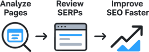 Simple graphic for Twitter_X showing three-step workflow_ _Analyze Pages → Review SERPs → Improve SEO Faster_ with clean arrows and minimal design, modern and professional_ in a modern vector art