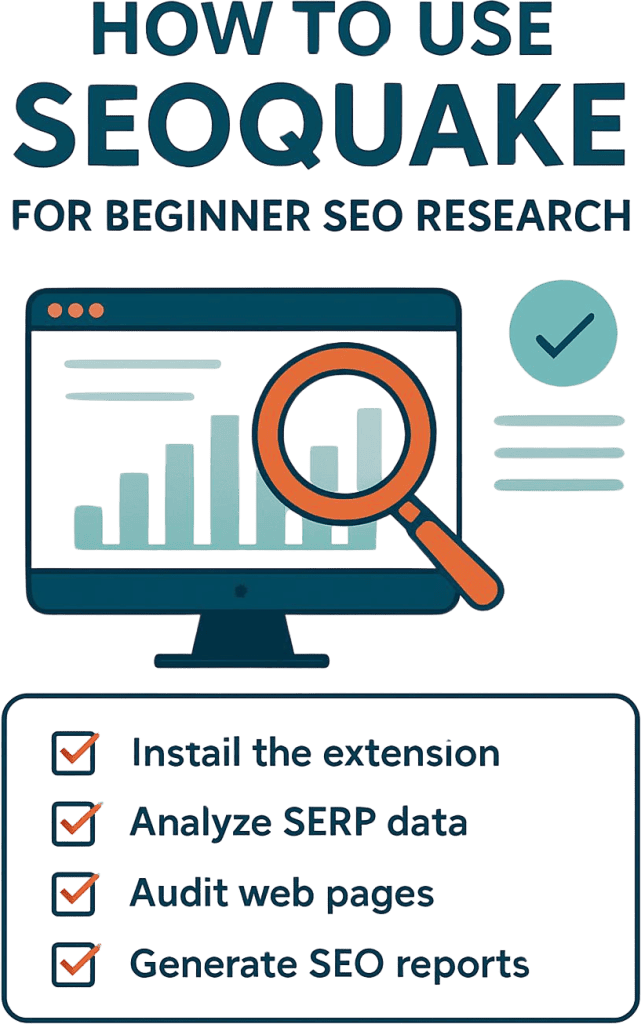 Instagram post graphic with checklist design showing _How to Use SEOquake for Beginner SEO Research_ with clean, modern layout and beginner-friendly visual style_ in a modern vector art style wit