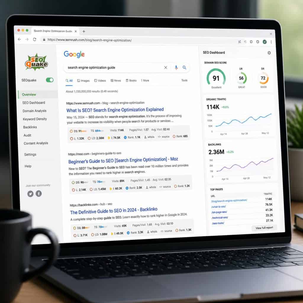 Featured-image-showing-a-laptop-screen-displaying-an-SEO-dashboard-with-SEOquake-browser-extension-interface-and-search-results-professional-and-modern-design-with-data-visualization-elements
