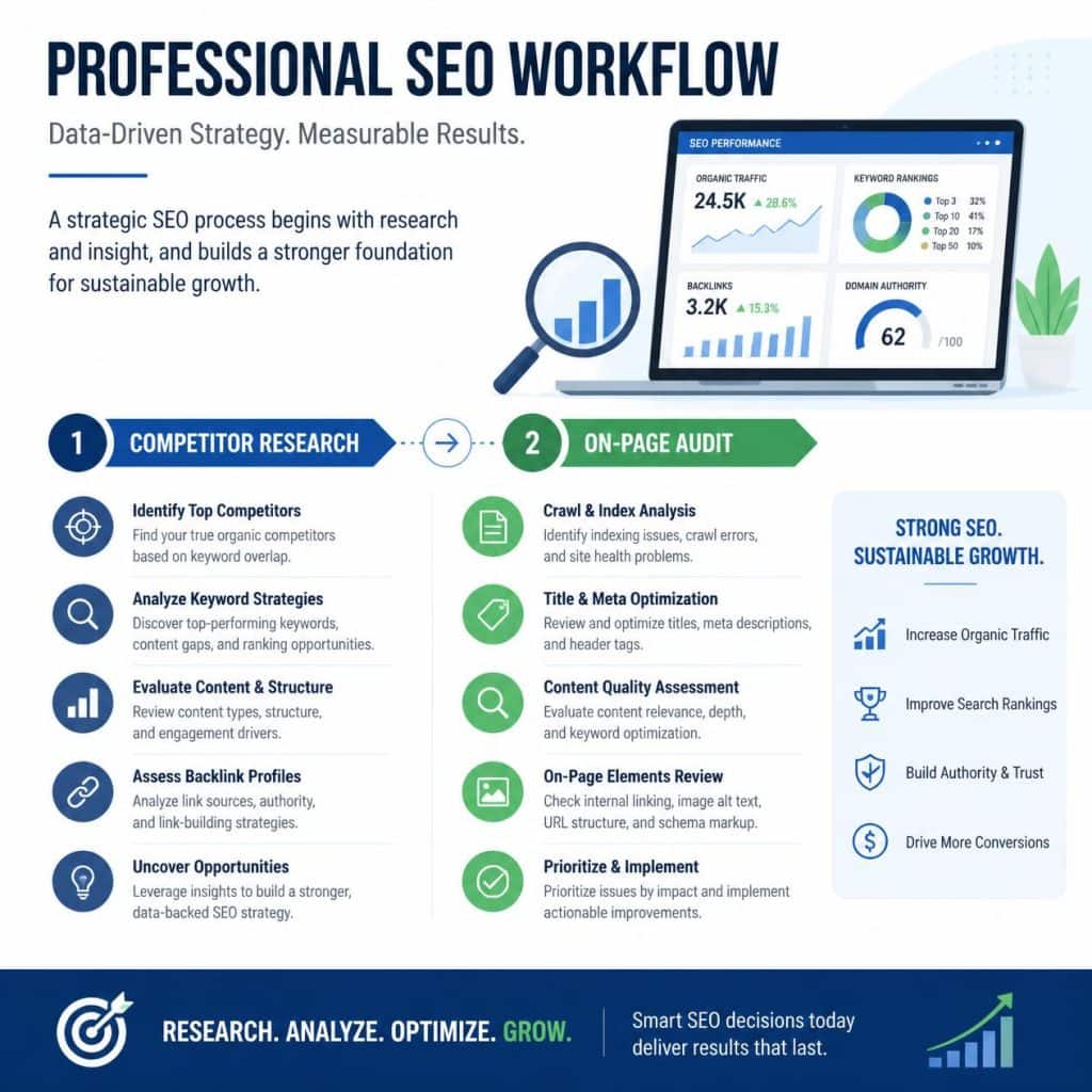 Professional-SEO-workflow-graphic-for-LinkedIn-featuring-competitor-research-and-on-page-audit-steps-clean-business-style-design-with-data-analysis-elements