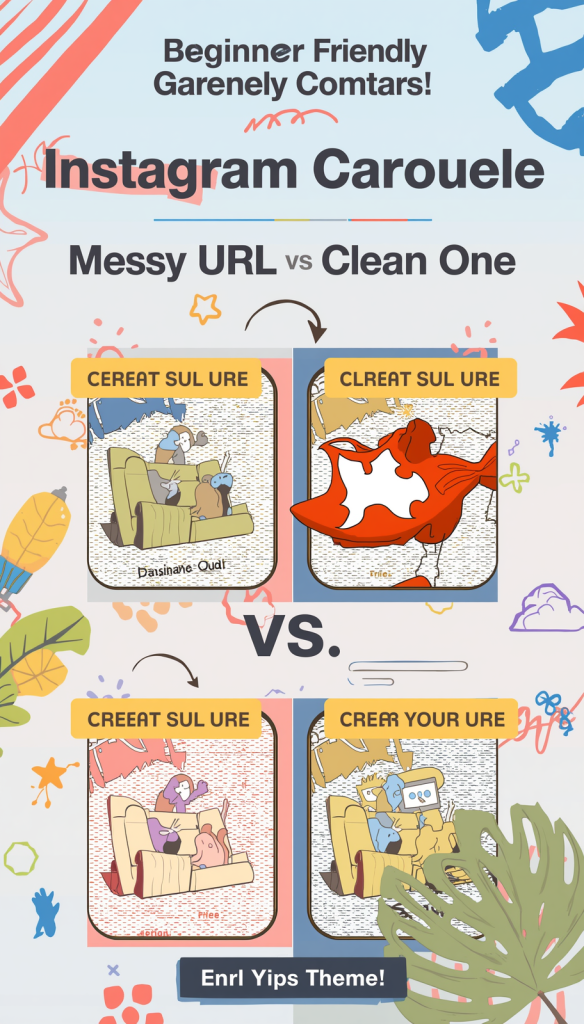 Vertical Instagram carousel cover comparing a messy URL versus a clean one, with bright accents and beginner-friendly _URL Tips_ theme, modern colorful design