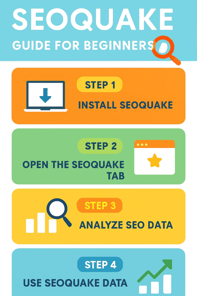 Tall tutorial-style infographic for Pinterest titled _SEOquake Guide for Beginners_ with step-by-step visual layout, colorful sections, icons, and beginner-friendly instructional design in vertic